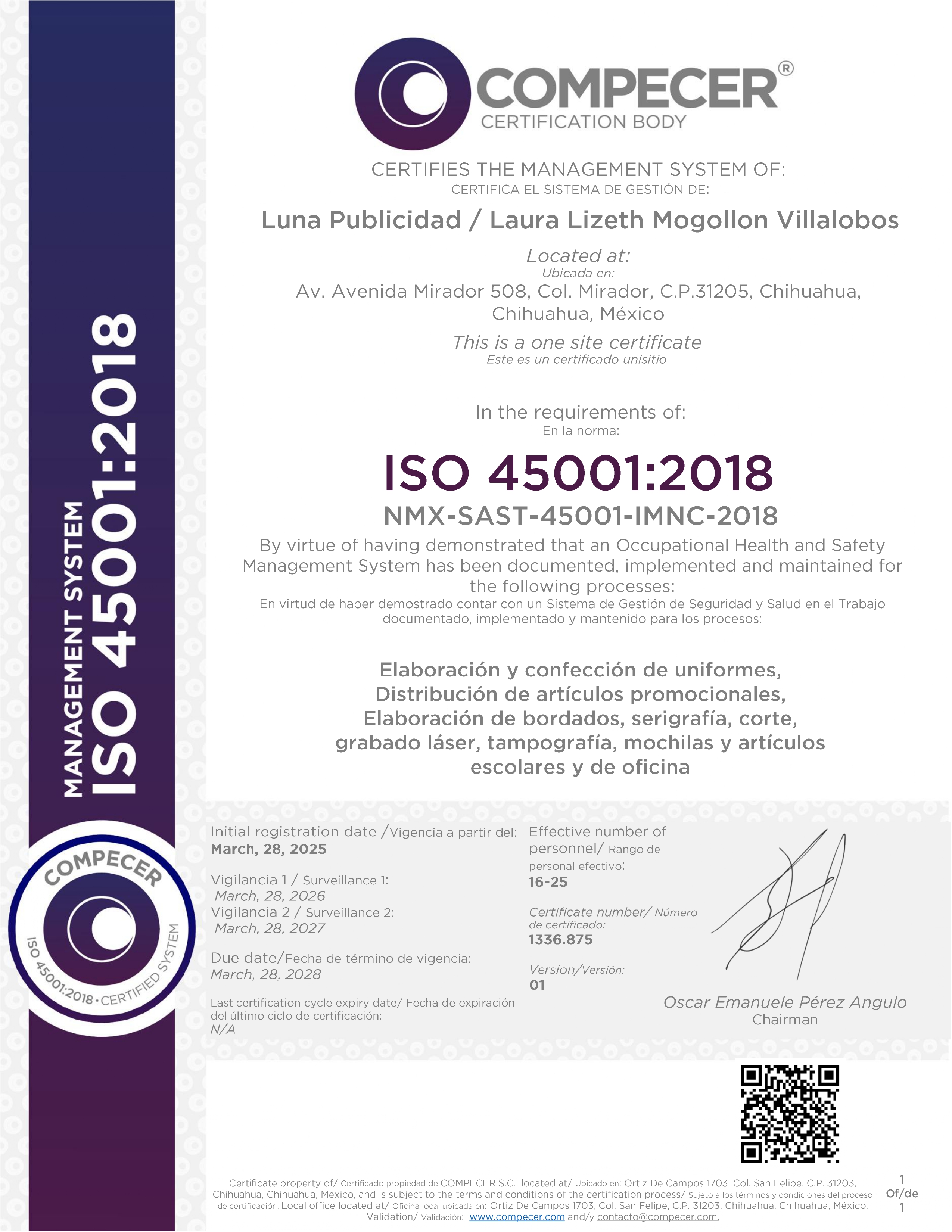 Certificado ISO 45001:2018